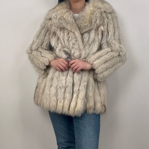 Vintage Grey Silver Fox Genuine Fur Coat Belted with Leather Trim - Picture 2 of 8